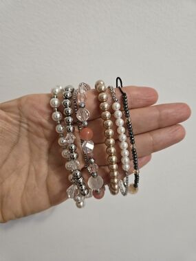 Stackable Beaded Bracelet Set - Pearl, Champagne, Pink, Silver, Black